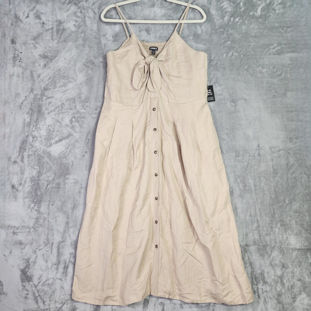 Express Midi Dress Womens XL Tan Linen Blend Tie Front Button Coastal Boho NEW